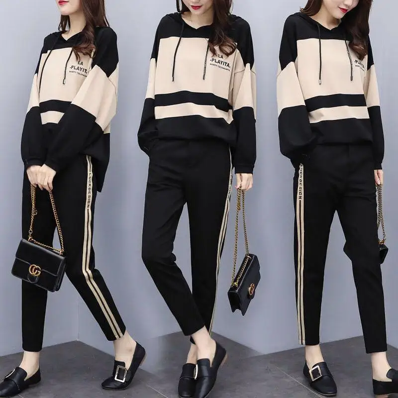 Large Size Tracksuit For Women 2 Piece Set Top And Pants Sportswear Two Piece Outfits Casual Ensemble Femme Deux Pieces Clothes - Цвет: Черный