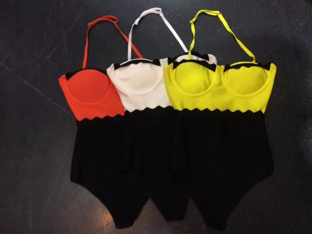 

2017 New Fashion Yellow White Red With Black Halter Strap Sexy One Piece Swimsuit Bodycon Bandage Bodysuit