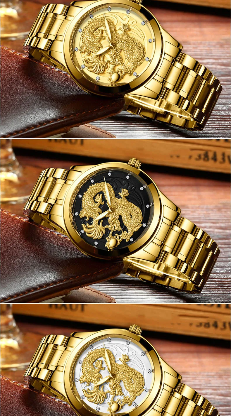 FNGEEN New watch male quartz watch dragon pattern luminous gold color quartz ultra-thin steel belt