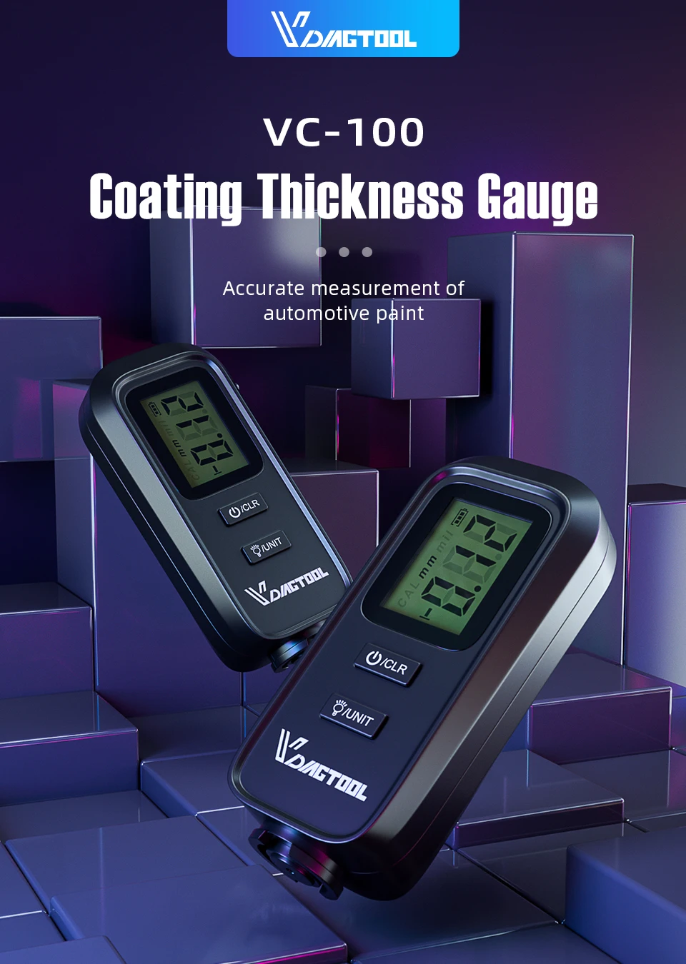 

VDIAGTOOL VC-100 Coating Thickness Gauge Meter Digital Paint Films For Car Paint Tester LCD Backlight Thickness Coating Meter