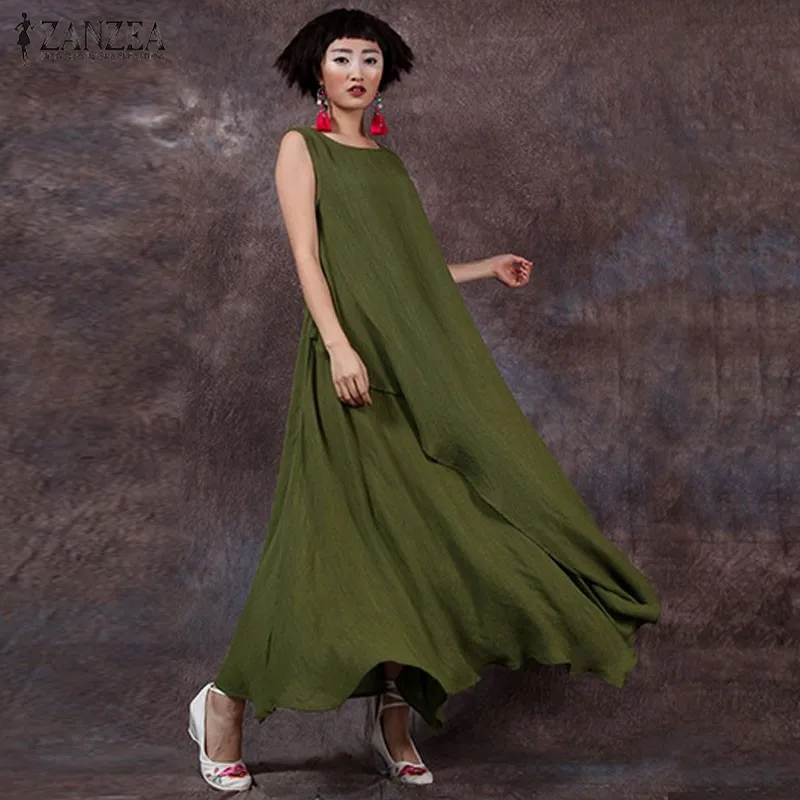 

ZANZEA Women Summer Dress 2019 Sexy Sleeveless O Neck Long Maxi Dresses Casual Loose Solid Vestidos Plus Size Oversized
