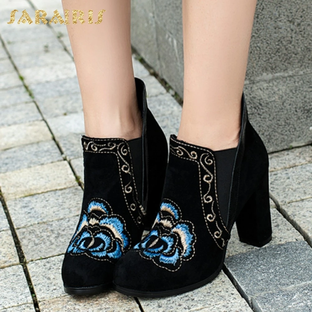 

SARAIRIS Brand new plus Size 33-43 Elastic Band Square High Heels Shoes Woman Boots Hot Sale Ankle Boots Female Shoes Women