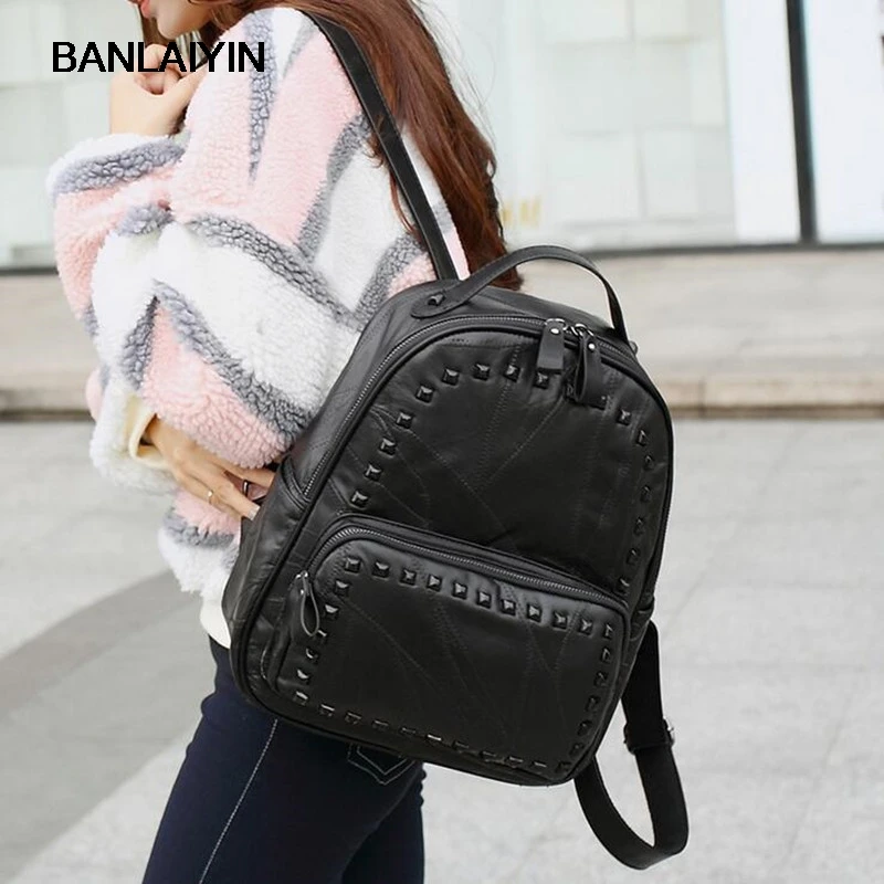 

Fashion Women Rivet Backpack Genuine Leather Black Shoulder Bag Big School Bags For Teenagers Girls Casual Travel Bagpack