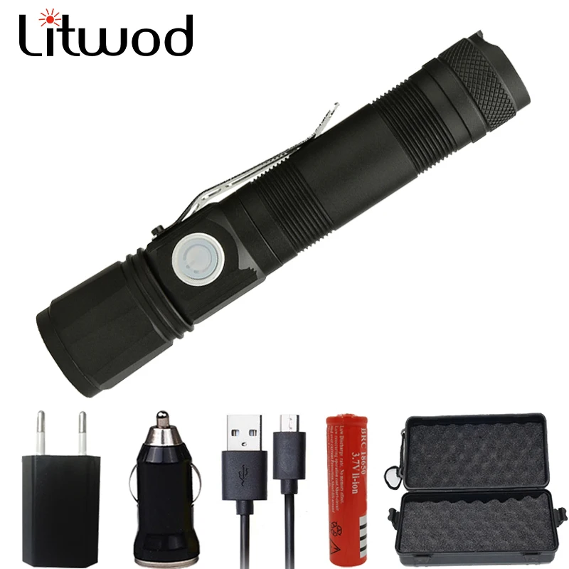 

Litwod Z201509 Rechargeable LED flashlight 4000 lumens XML T6 Led Zoomable torch Micro USB Charging Aluminum alloy Lantern