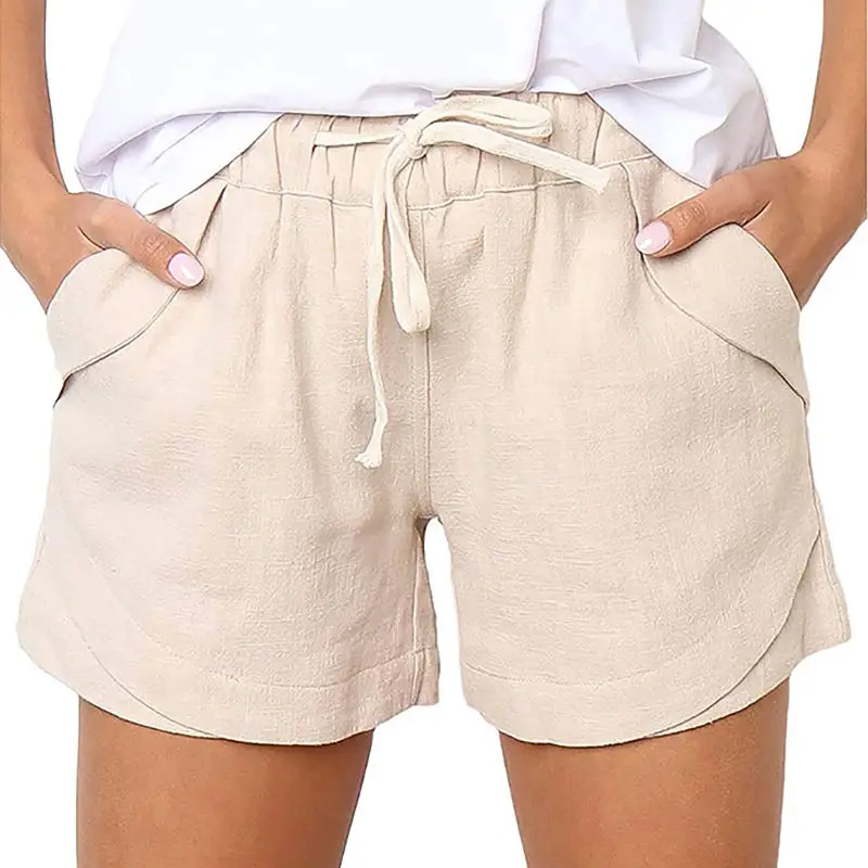 Новая летняя женская Праздничная короткая однотонная эластичная талия с карманом на шнурке хлопок Повседневная пляжная женская короткая