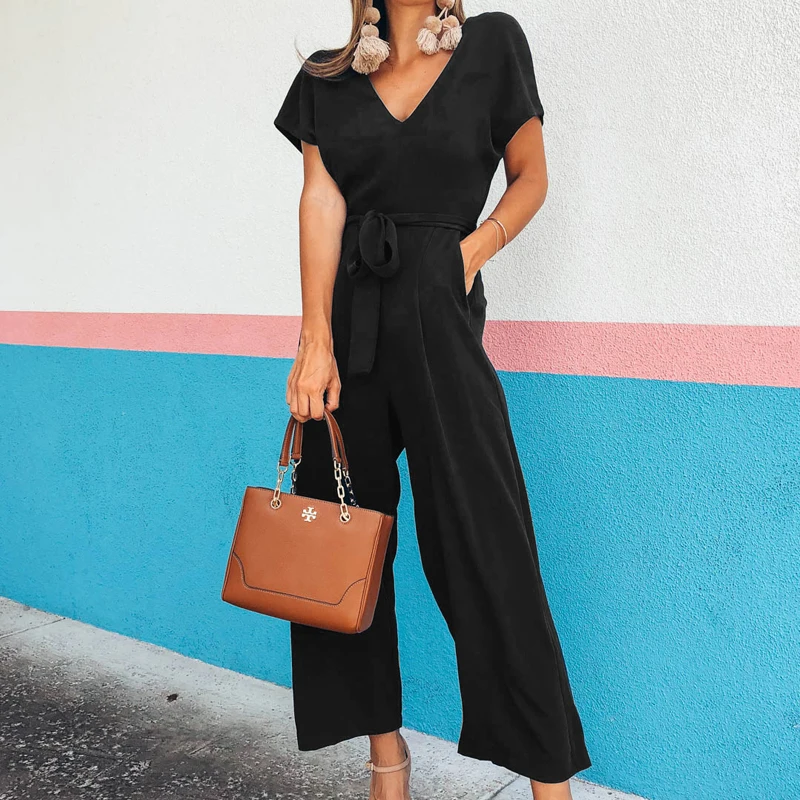 Fashion Sashes Solid Jumpsuit V Neck Sleeve Women Jumpsuits Belted Casual Torridity Overalls Drawstring Loose Female Rompers Fashion Sashes Solid Jumpsuit V Neck Sleeve Women Jumpsuits Belted Casual Torridity Overalls Drawstring Loose Female Rompers