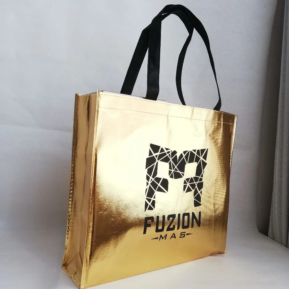 

500pcs/lot Shiny Golden Laser Non Woven Shopping Bags for Promotion Tote Bag Accept Custom Logo for Shoes Store and Brand Cloth