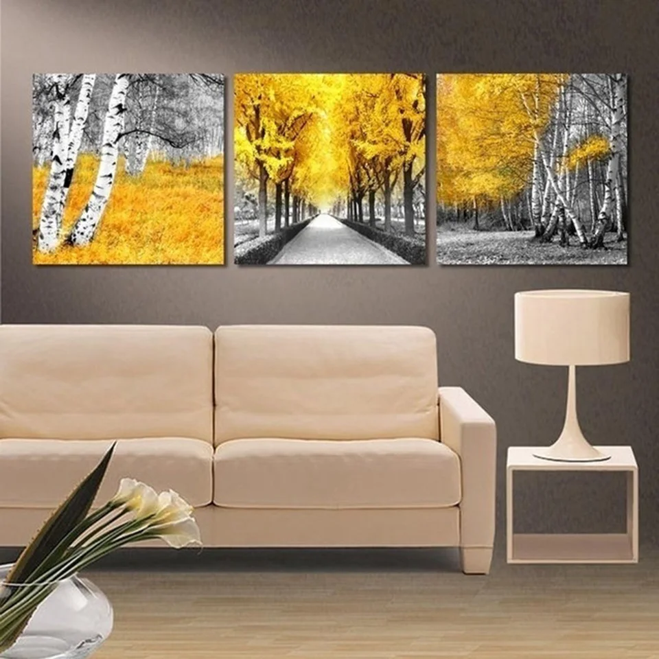 Canvas Pictures Modular Living Room Home Decor Framework 3 Pieces Yellow Woods Paintings HD Prints Trees Leaves Poster Wall Art