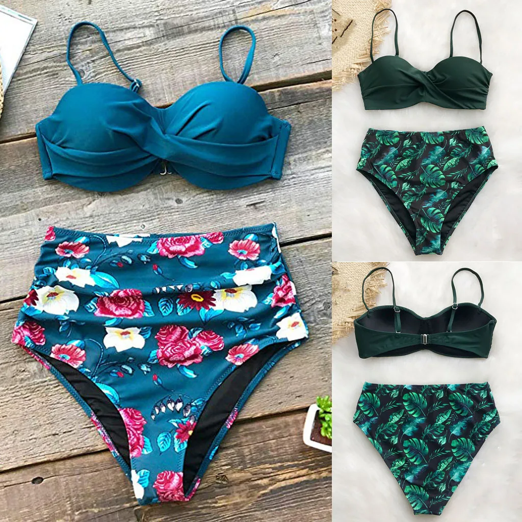 

MUQGEW Women Print Pleated Padded Two Pieces Bathing Suit Tankini Spaghetti Strap Bikini Set Swimwear SwimsuitBikini 2019 Mujer