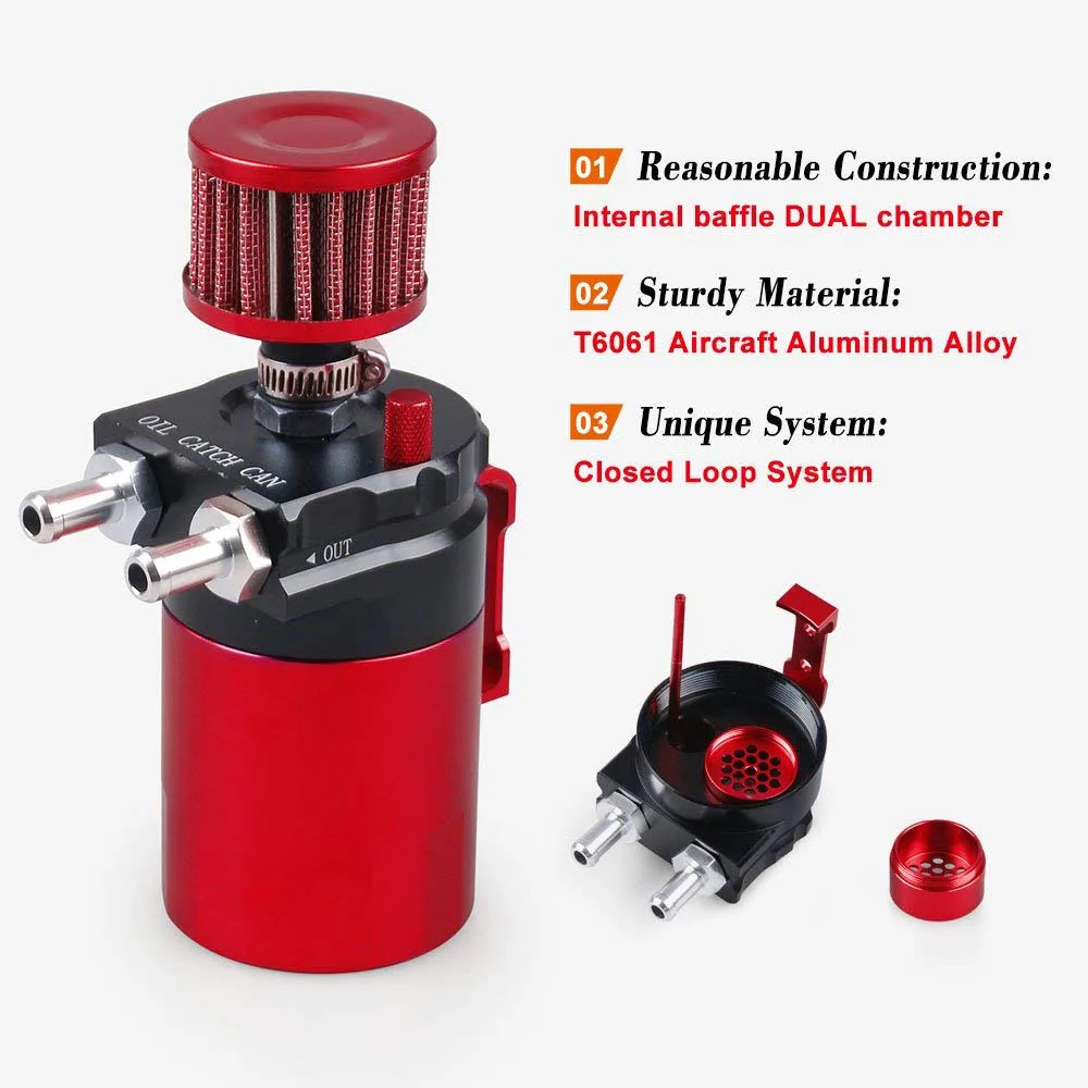 

Baffled Universal Aluminum Oil Catch Can Reservoir Tank 300ml With Breather Filter Black+Red