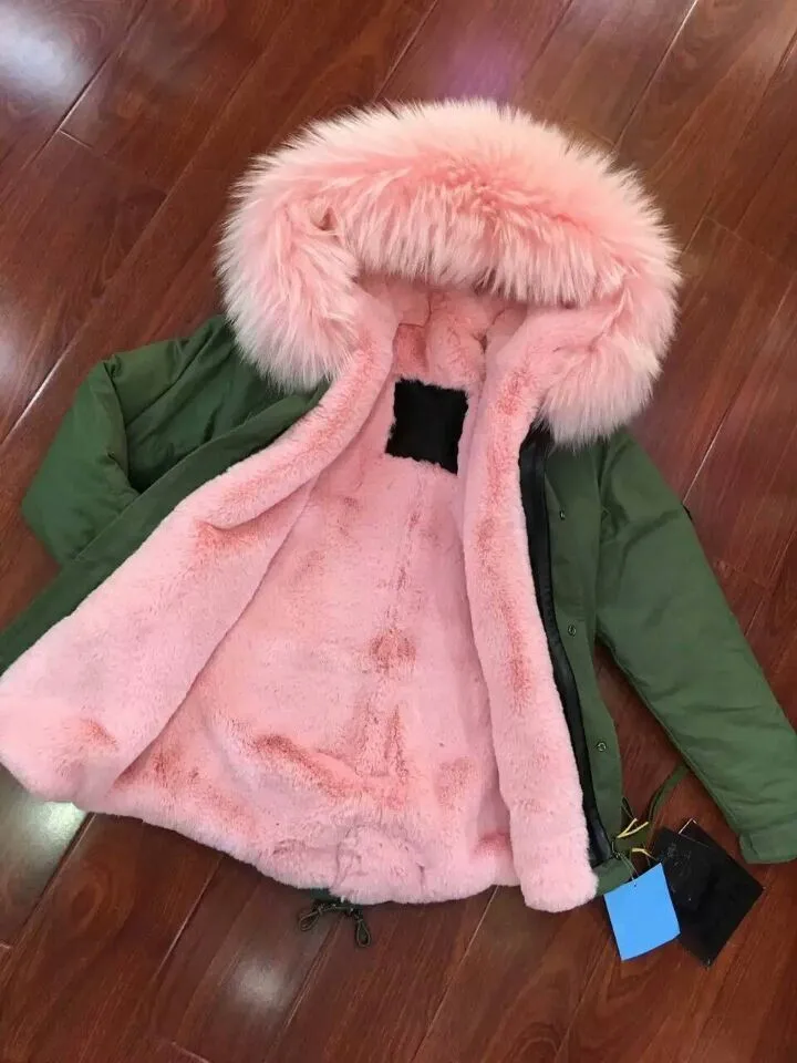 army green jacket with pink fur hood