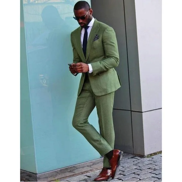 New Arrival Green Linen 2 Piece Suit For Men Groom Tuxedos Bridegroom
