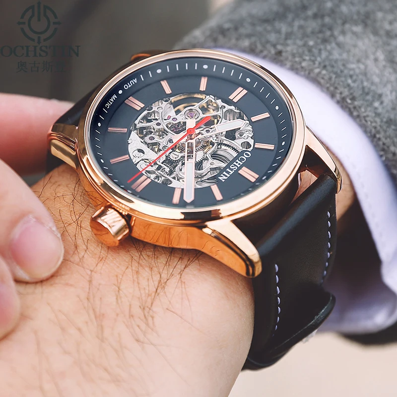 

OCHSTIN Luxury Brand Steel Skeleton Fashion Mechanical Watches Mens Leather Strap Luminous Men's Automatic Watches reloj hombre