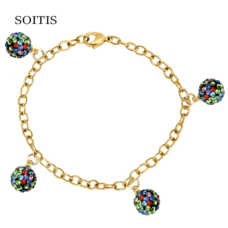 

SOITIS Shiny Chanballa Charms Bracelet Micro Paved Multi-Color Rhinestone Gold Color Stainless Steel Statement Bracelets Jewelry