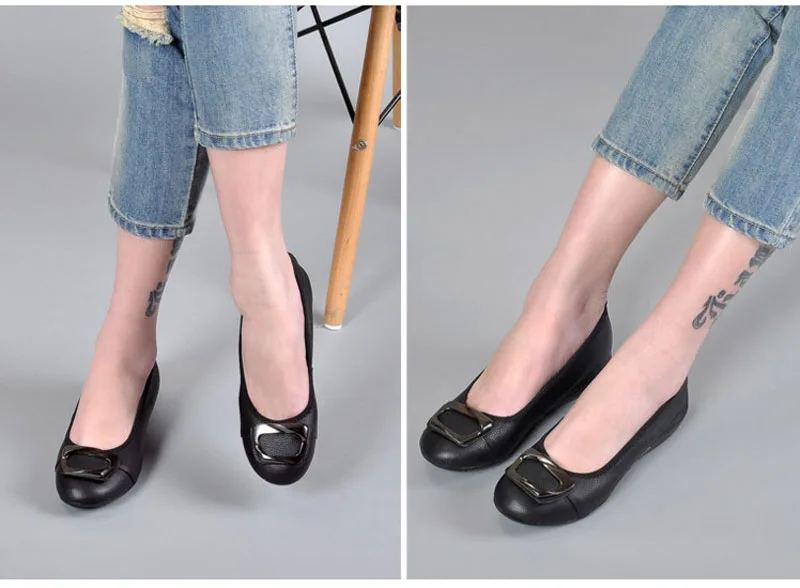 2018 Spring Flats Women Metal Decoration Loafers Genuine Leather Slip On Ballet Flat Shoes For Woman Plus Size Mocasines Mujer (4)