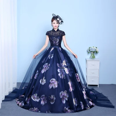 

100%real luxury floral printing veil trailing queen gown vintage ball gown royal Medieval Renaissance Victorian dress Belle ball