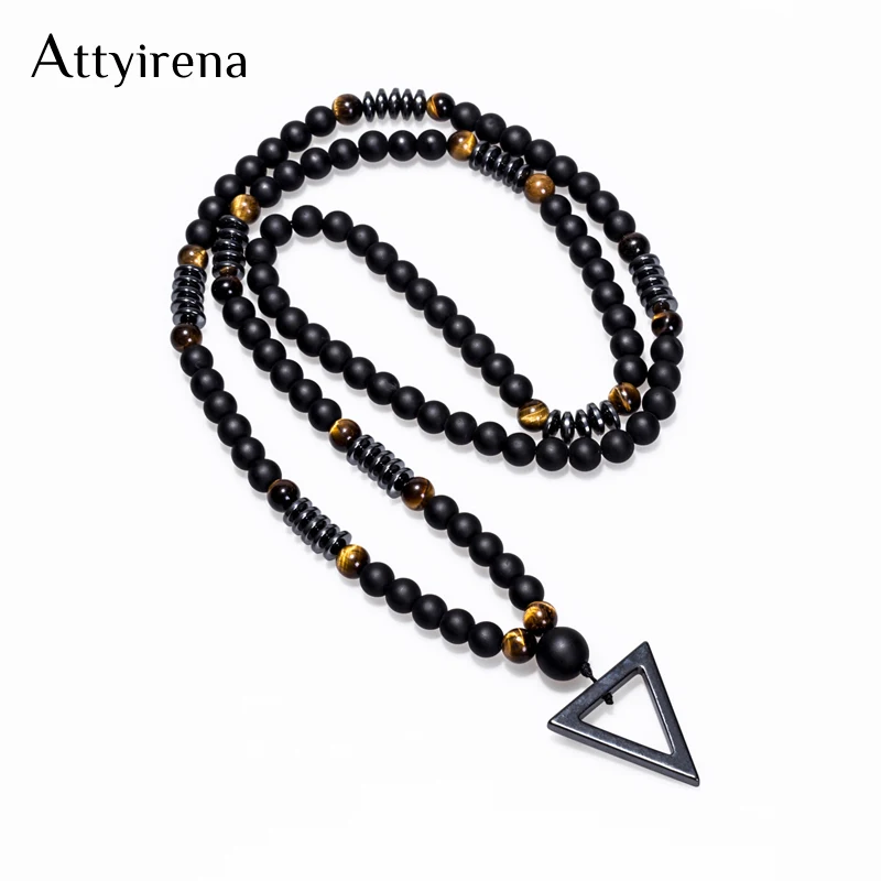 

2020 New Design Long Necklac 8MM Tiger Stone Bead Black Men's Hematite Triangle Pendants Necklace Fashion Geometry Jewelry