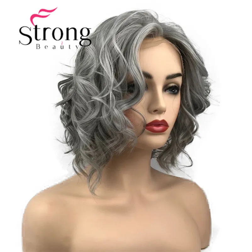 StrongBeauty парик фронта шнурка серый и белый микс короткие волнистые синтетические термостойкие волосы парик для женщин выбор цвета