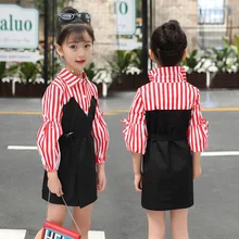 Весеннее детское платье с длинными рукавами для девочек одежда в полоску для подростков 12 лет