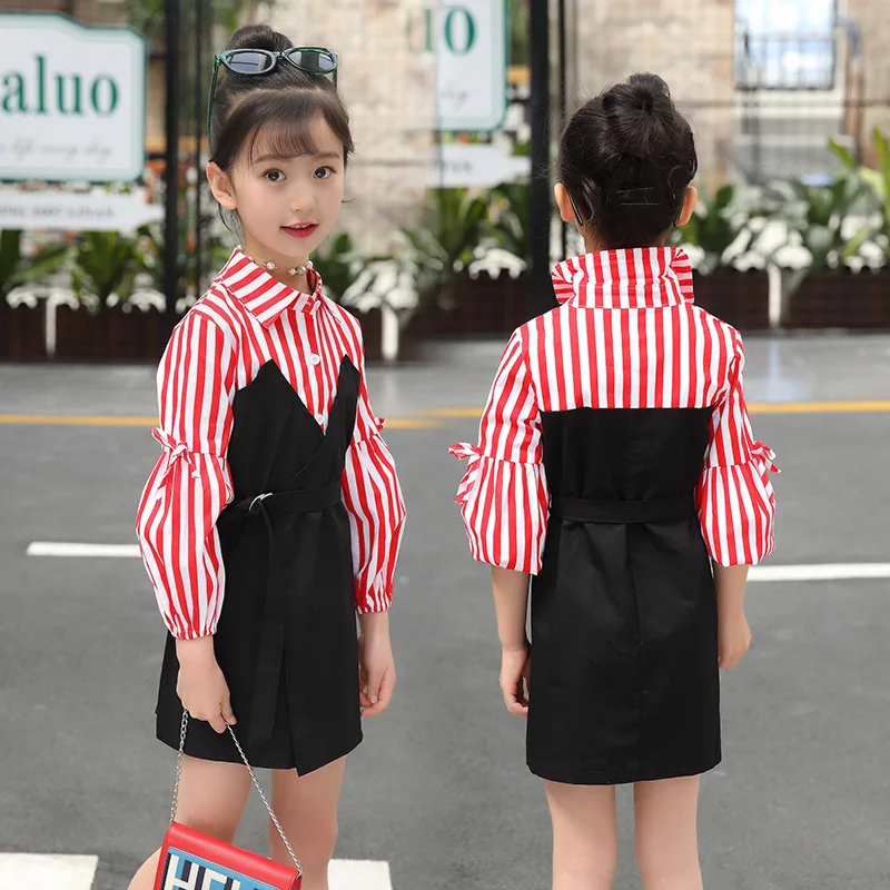

2018 long sleeve spring kids girls dress striped teenage 12 years old clothing
