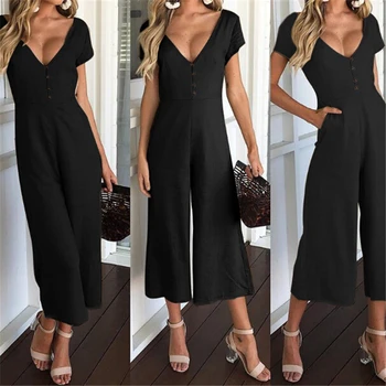 

Women's Jumpsuits Playsuit Summer Short Sleeve V Neck Jumpsuit Bodysuit Evening Party Romper Long Trousers One Piece Clothing