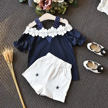 

Kids Girls Clothes Sets Summer 2019 New Off Shoulder Flower Cotoon Shirt+Star Short Pants 2PCS Girl Suits Children Clothing