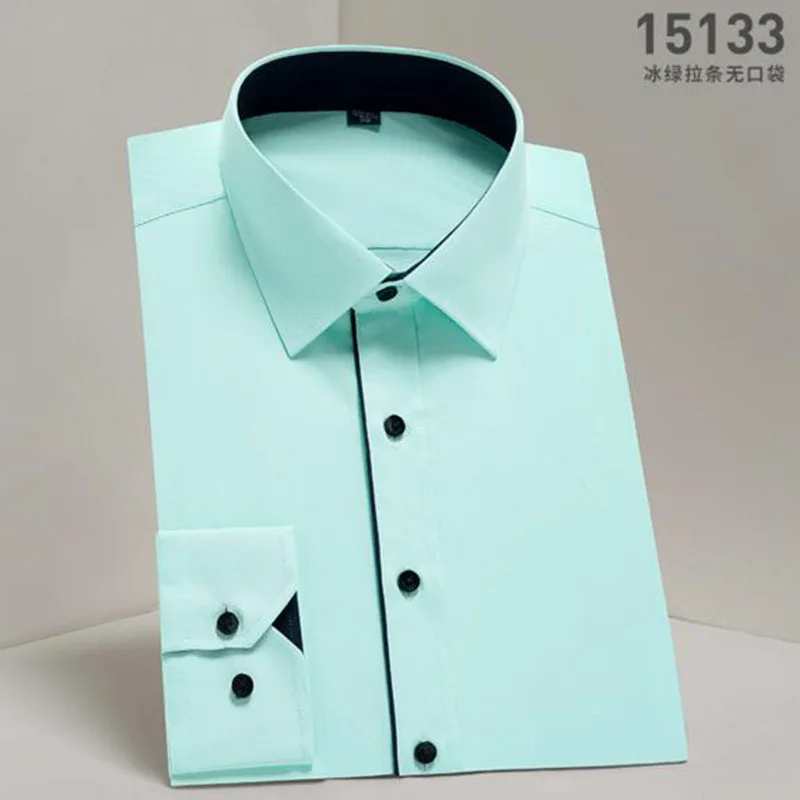 Демисезонные мужские однобортные рубашки с длинными рукавами Camisa, однотонные рубашки из чистого хлопка, не нуждается в глажке, официальные рубашки - Цвет: green