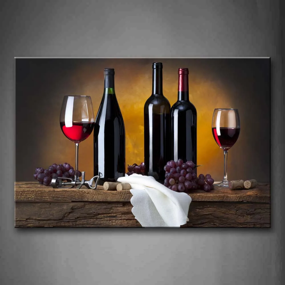 

1 Pics Framed Wall Art Picture Grape Wine Bottle Cups Canvas Print Food Posters With Wooden Frames For Home Office Decor