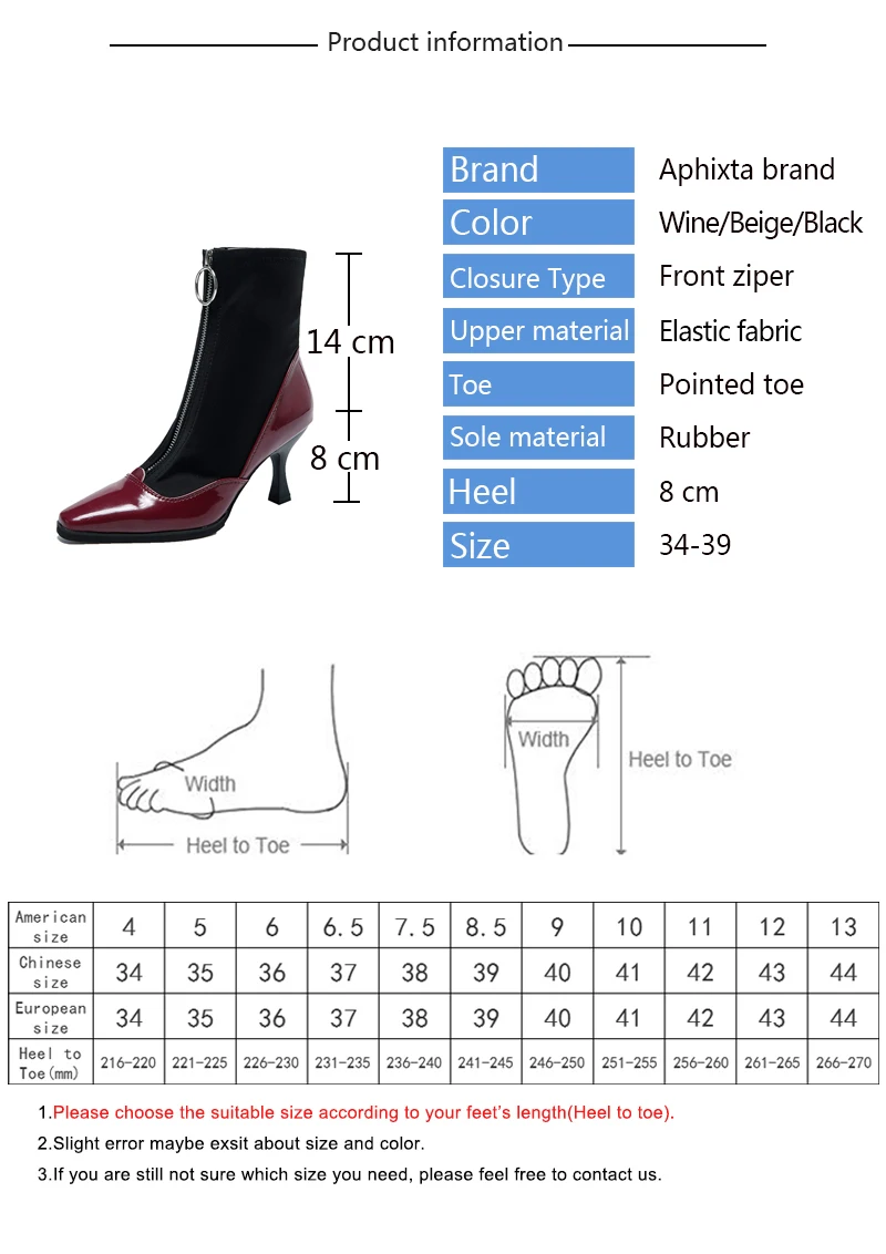 Aphixta/Новинка года; носки с острым носком; женская обувь; женские водонепроницаемые носки на молнии спереди; модные сапоги на высоком тонком каблуке-шпильке
