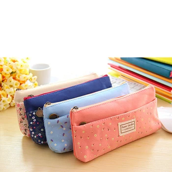 

1PCS Pastoral Pencil Bag Flower Canvas Double Zipper Storage Stationery Bag Learning Office Supplies