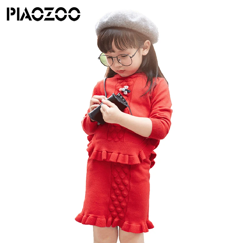 

Autumn girl cute clothes Long Sleeve cotton top Ruffle dress girl knitted sweater pencil Bodycon mini skirt suit 2pcs set P20