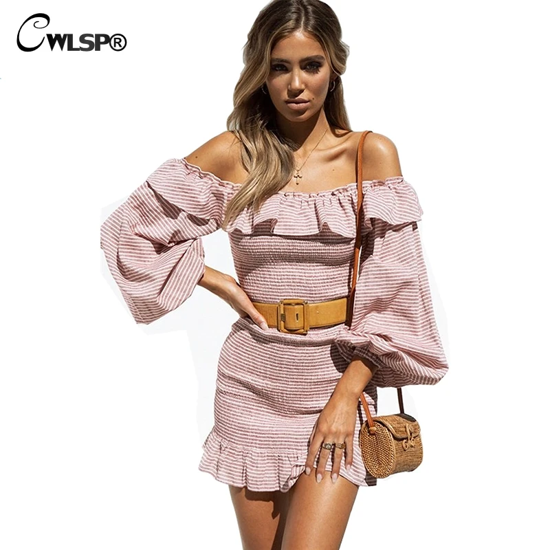 

CWLSP Slash Neck Dresses for Girls Autumn Ruffles Mini Dresses Lantern Sleeve Patchwork Striped vetement femme 2018 QL4096