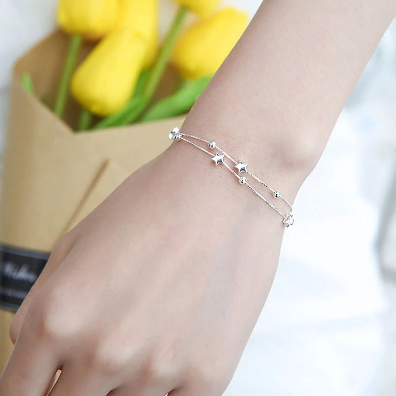 Fashion Double Layers Stars Bracelet Bangle For Women Copper Extended Link Chain White Gold Color Summer Jewelry | Украшения и