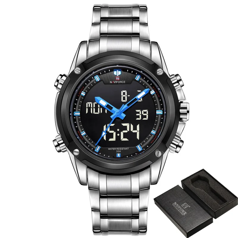 Топ мужские часы люксовый бренд Naviforce Мужские кварцевые часы Аналоговые светодиодные спортивные часы мужские армейские военные наручные часы Relogio Masculino - Цвет: Silver Blue add box