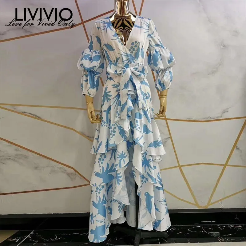 

[LIVIVIO] Print Lantern Sleeve V Neck Wrap Dress Sash Waisted Asymmetric Ruffle Maxi Dresses Women Boho Fashion 2019 Autumn New