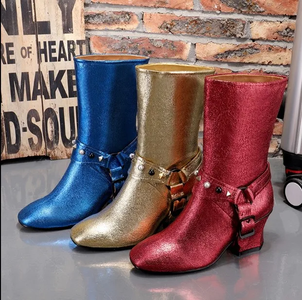 Bling gold Pour Fluorescence Hauts 2018 Mi Red Bottes Chaussures Perle Chaussons mollet Coin blue Décor Femmes De Brillant Talons Court Rivets S34AL5Rqcj