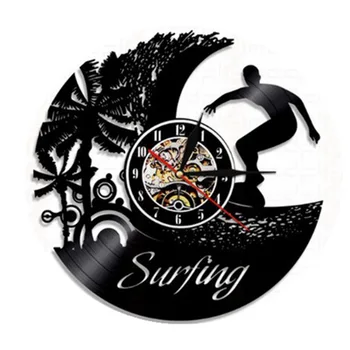 

Surfing Vintage Vinyl Record Wall Clock Surf Up Summer Beach Time Silhouette 3D Stickers Hanging Clocks Wall Watch Home Decor