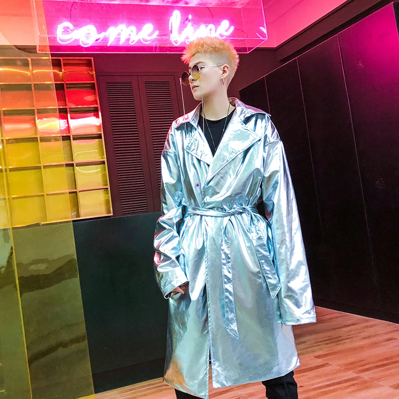 M-2XL! осенний и зимний ночной клуб бар DJ Сценические костюмы мужские длинные секции без пряжки ветровки прилива мужской Молодежный плащ пальто