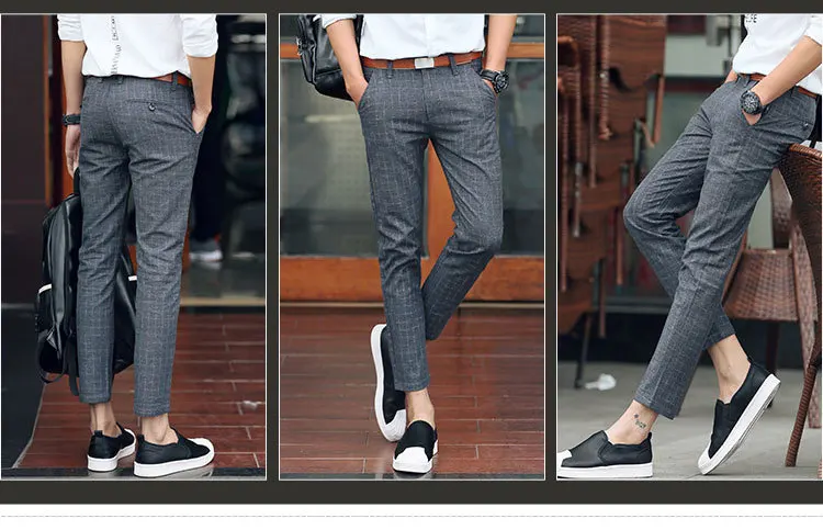 Летние мужские повседневные брюки, клетчатые мужские прямые облегающие брюки, брюки длиной до щиколотки, хлопковые тонкие брюки, мужские брюки размера плюс 38