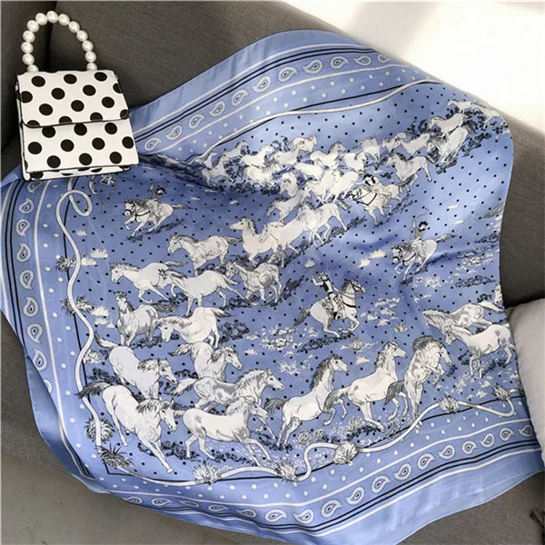 Шелковый шарф женский модный качественный мягкий шарф Вранглер лошадь Печать платок женский шали и палантин хиджаб шарф 180*90 см - Цвет: Blue
