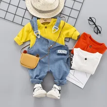 Коллекция года, стиль, комплекты одежды для малышей повседневные комплекты одежды для маленьких мальчиков и девочек футболка+ джинсы на лямках хлопковый Детский костюм