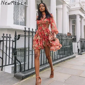 

High Quality Gothic Print Hole Mini Dress Sexy Women O-Neck Elegant Celebrity Lantern Sleeve Backless Pleated Dresses Wholesale