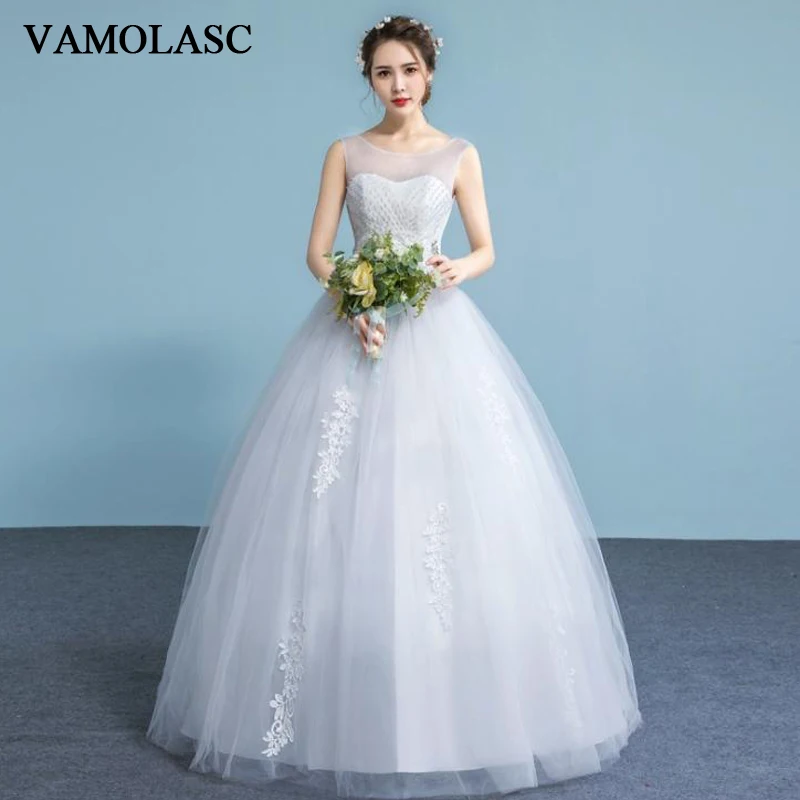 

VAMOLASC Illusion Pleat O Neck Lace Appliques Ball Gown Wedding Dresses Crystal Tank Tulle Backless Bridal Gowns