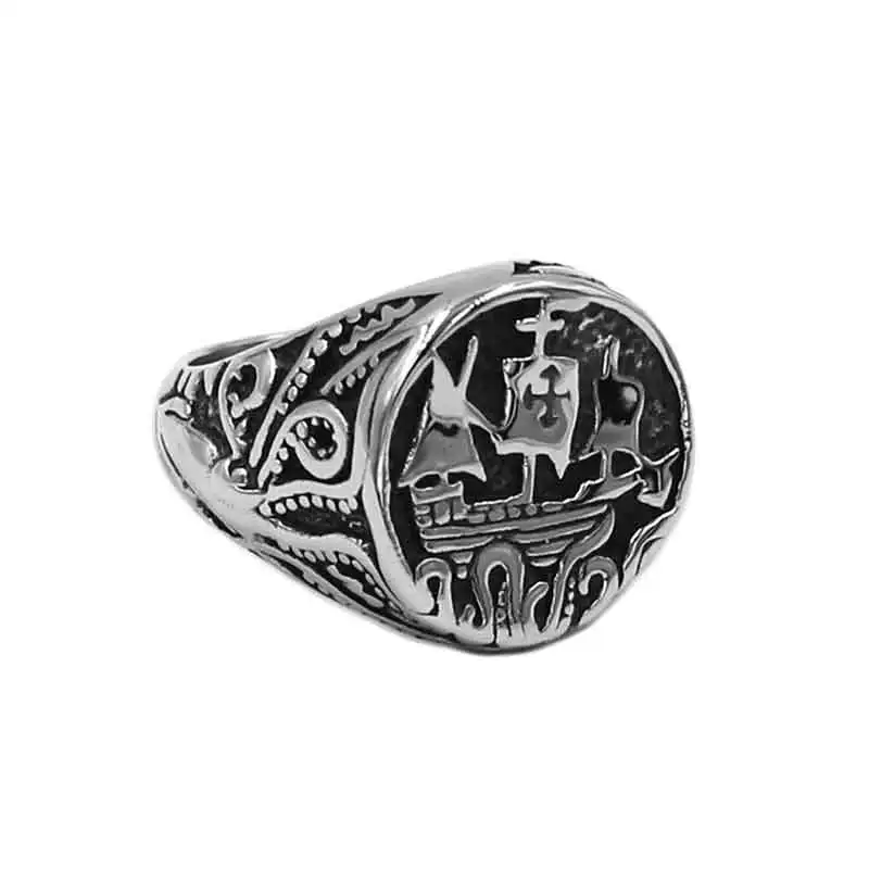 

Wholesale Sailing Boat Ship Cross Ring Stainless Steel Jewelry Classic Pirate Ship Octopus Navy Military Biker Mens Ring SWR0891