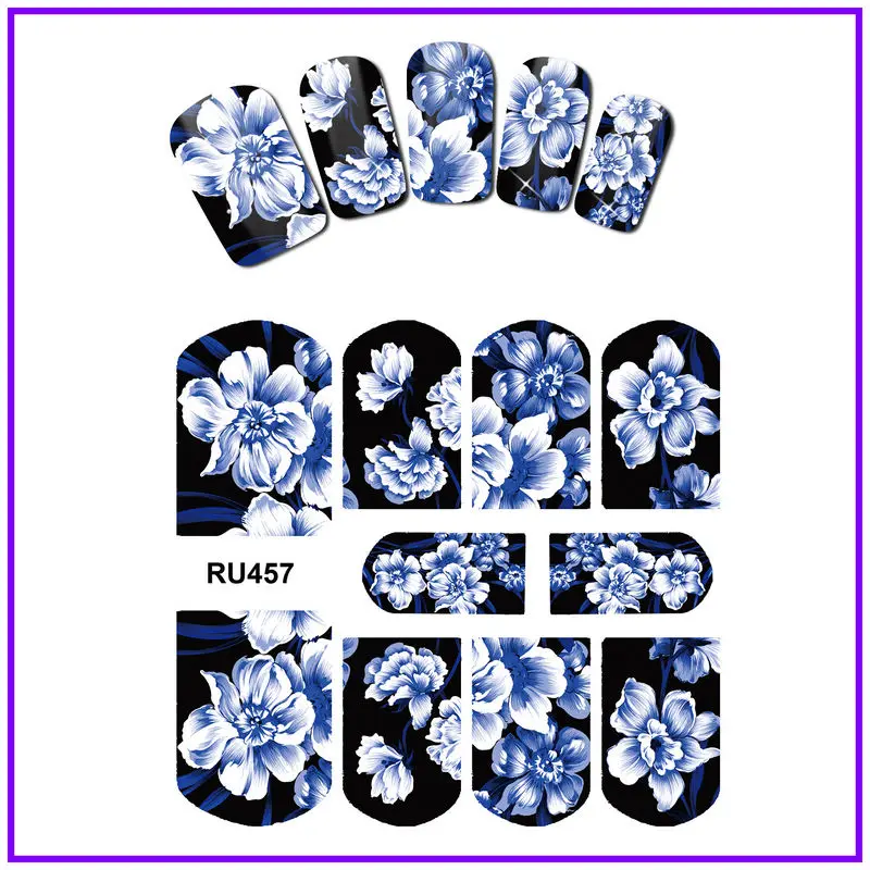 Красивые наклейки для ногтей, водная наклейка, ползунок, полное покрытие, цветок, Виноградная лоза, зеленый цвет, белый цвет, ротанг, темно-китайская синяя птица RU457-462 - Цвет: RU457