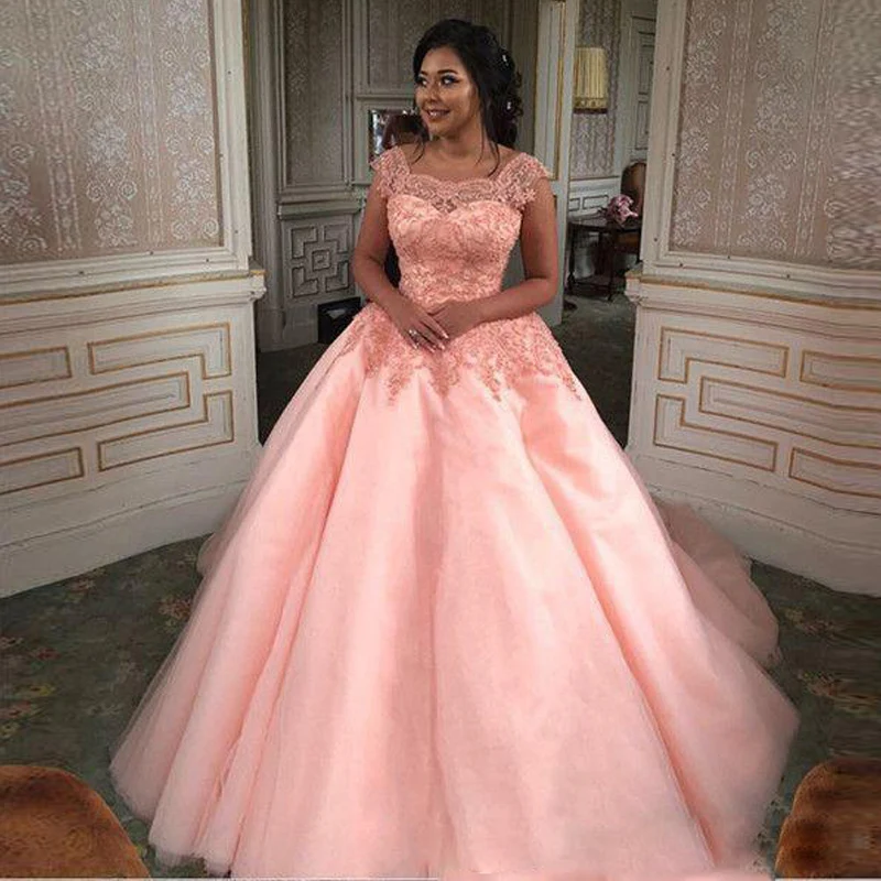 

Charming Pink Ball Gown Quinceanera Dresses Cap Sleeve Lace Appliques Lace Up Back Sweet 15 Dress Tulle Long Prom Gowns 2019