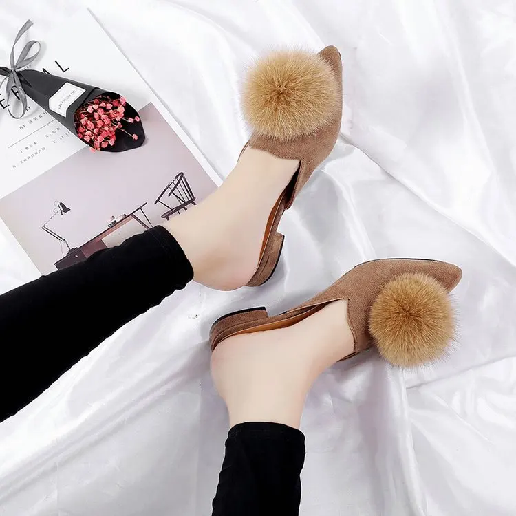 

9397P new 2019 baotou shoes out of female fashion wear fur ball thick with pointed