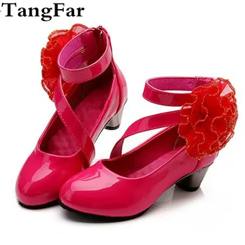

High Heel Floral Shoes For Girls Patent Leather Kids Performance Lady Fashion Wedding Footwear Back Zip Child Stage Shoe
