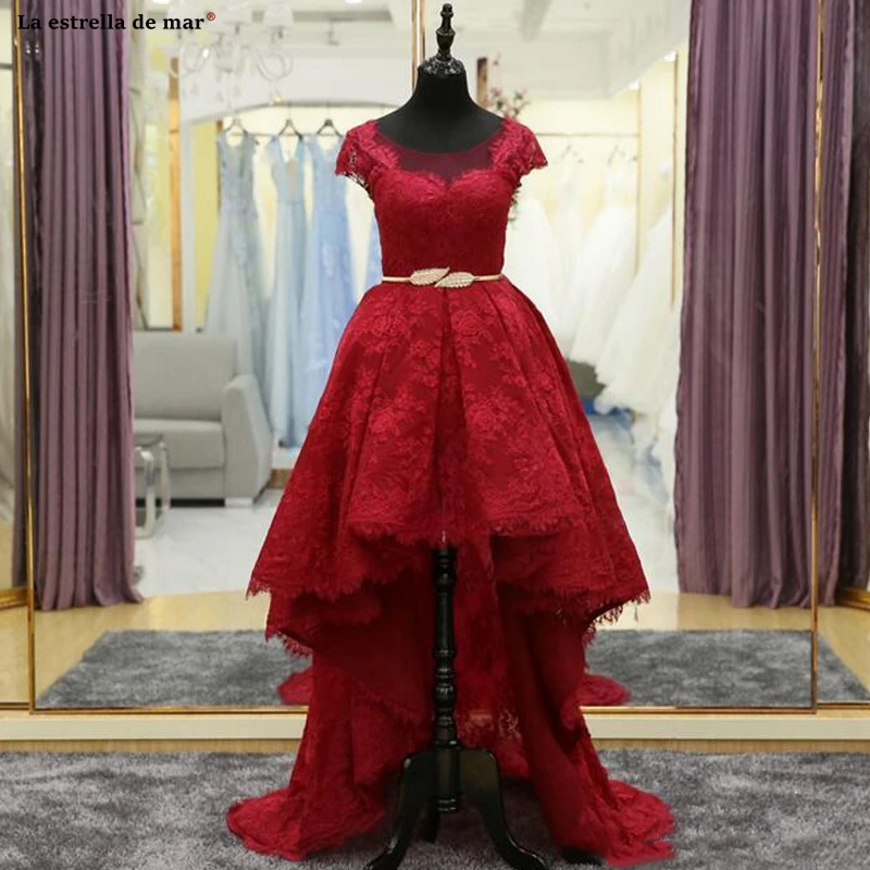 

Vestidos de graduacion largos 2021 lace sexy V neck short sleeve Ball Gown Burgundy high low prom dress long bestidos de gala