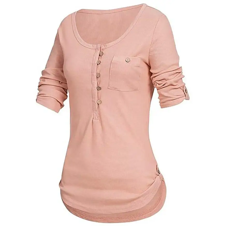 JAYCOSIN Для женщин, длинный рукав; пуговицы пуловер топы с круглым вырезом рубашка с карманами z0813 8,23